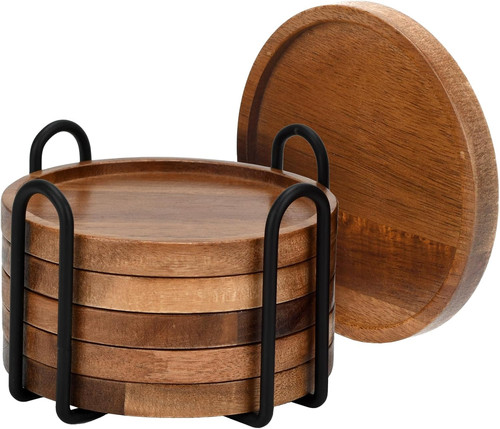 Wood coasters set round - wood, 6